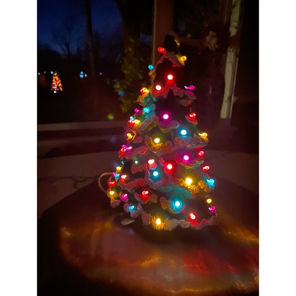 Handmade Ceramic Christmas Tree, Bright Matte Green with White Snow Accents - Picture 3 of 12